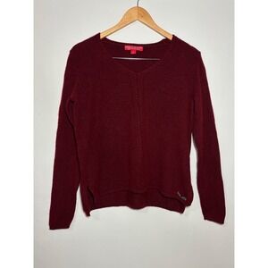 Krimson Klover Burgundy V Neck Cable Knit Sweater Women's Sz S Wool Cashmere
